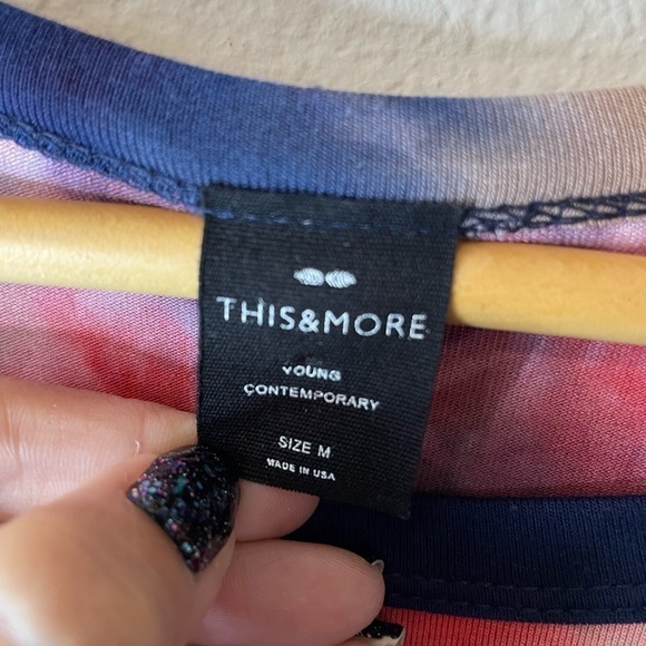 This and More Young Contemporary Long Sleeve Red Blue Tie Dye Twist Front Shirt - Picture 3 of 5